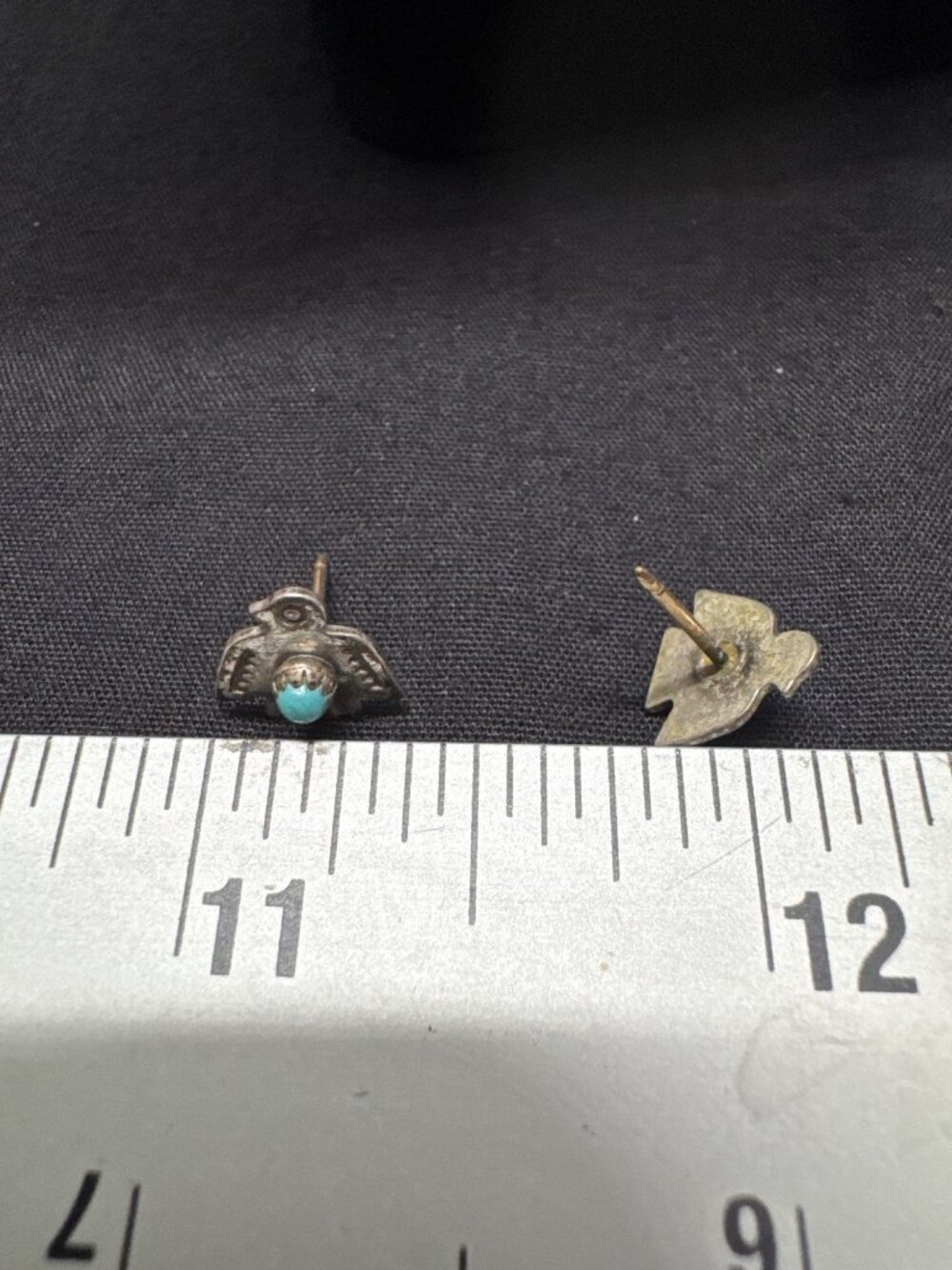 Small Thunderbird Stud Earrings With Turquoise Accents Vintage Style Metal South - Picture 2 of 3